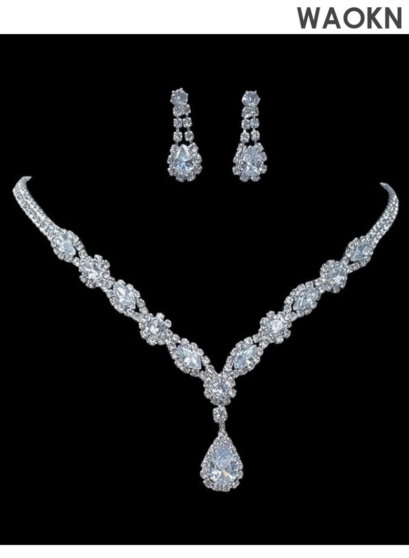 WAOKN 2 Piece Jewelry Set of Necklace and Earrings Shiny teardrop shape Diamond Chic Rhinestone Decor Jewellery Set , suitable for Women , Ladies , Gift for Girlfriend Wife Mother Bridesmaids Wedding Party Accessories , unisex , silvery. - Image 1